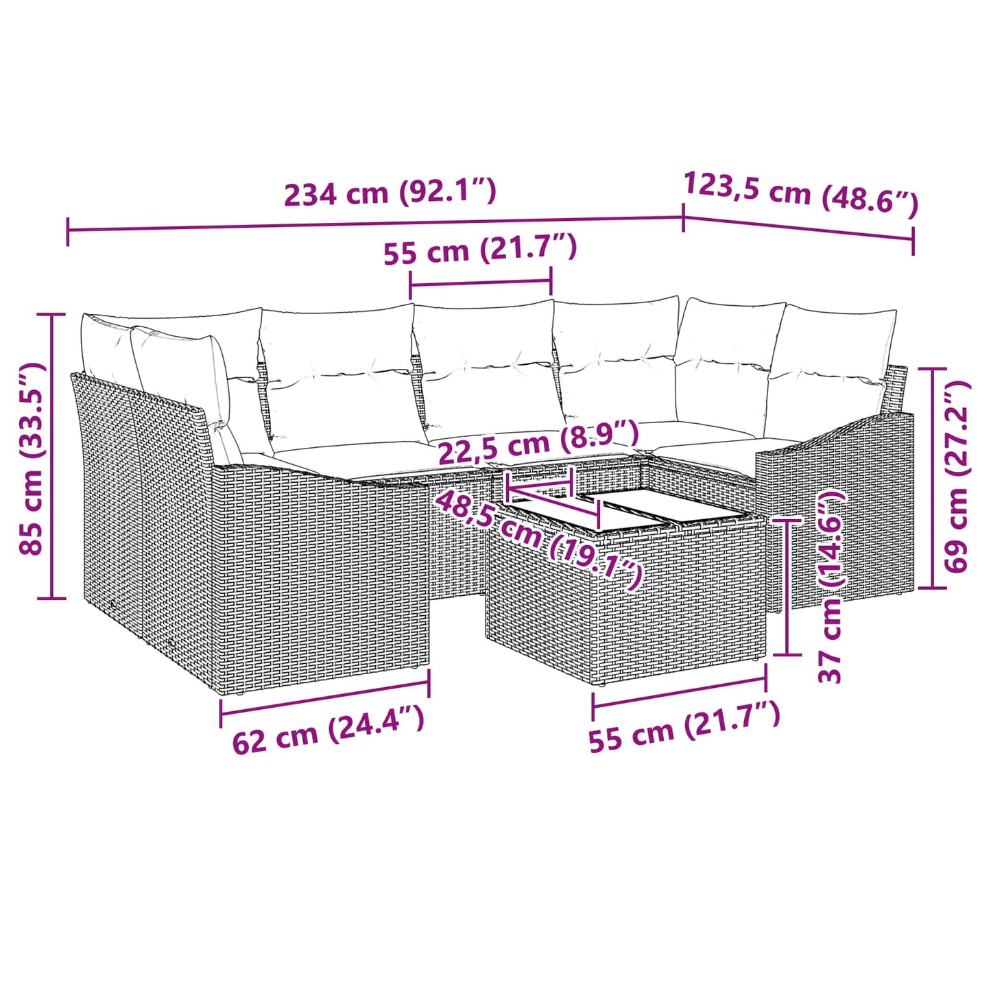 Sofa Sæt 7 stk. 3-Antal sæder Sort og Turkis polyrattan