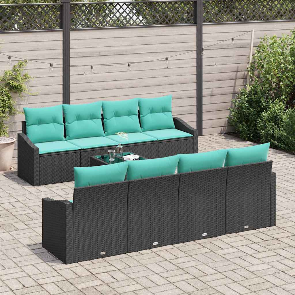 Sofa Sæt 9 stk. 3-Antal sæder Sort og Turkis polyrattan