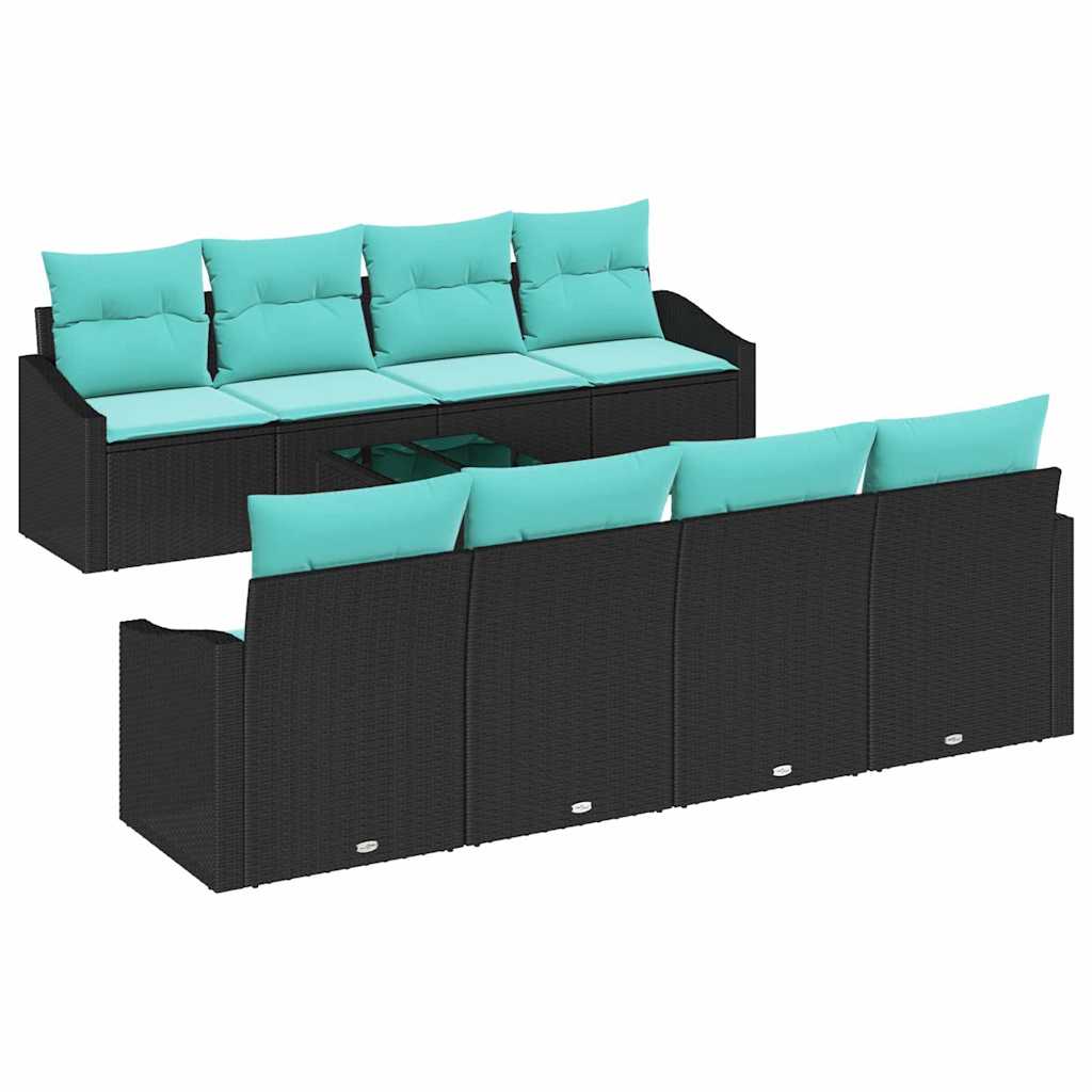 Sofa Sæt 9 stk. 3-Antal sæder Sort og Turkis polyrattan