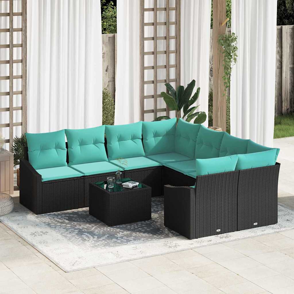 Sofa Sæt 9 stk. 3-Antal sæder Sort og Turkis polyrattan