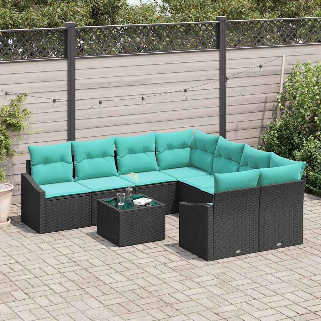 Sofa Sæt 9 stk. 3-Antal sæder Sort og Turkis polyrattan