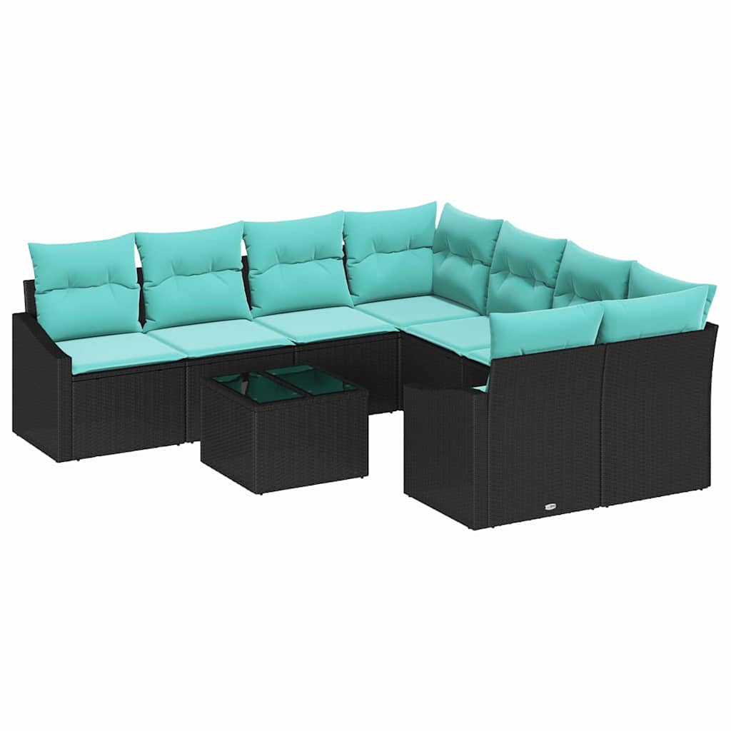 Sofa Sæt 9 stk. 3-Antal sæder Sort og Turkis polyrattan