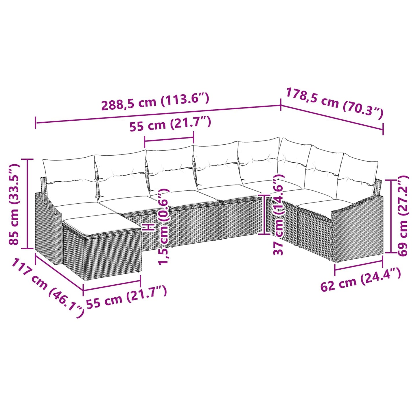 Sofa Sæt 8 stk. Sort polyrattan