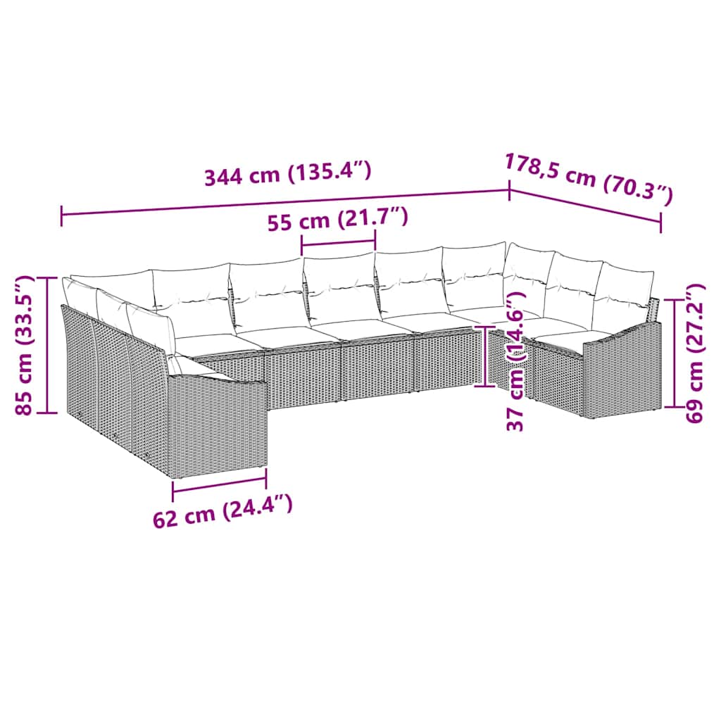 Sofa Sæt 10 stk. Brun polyrattan