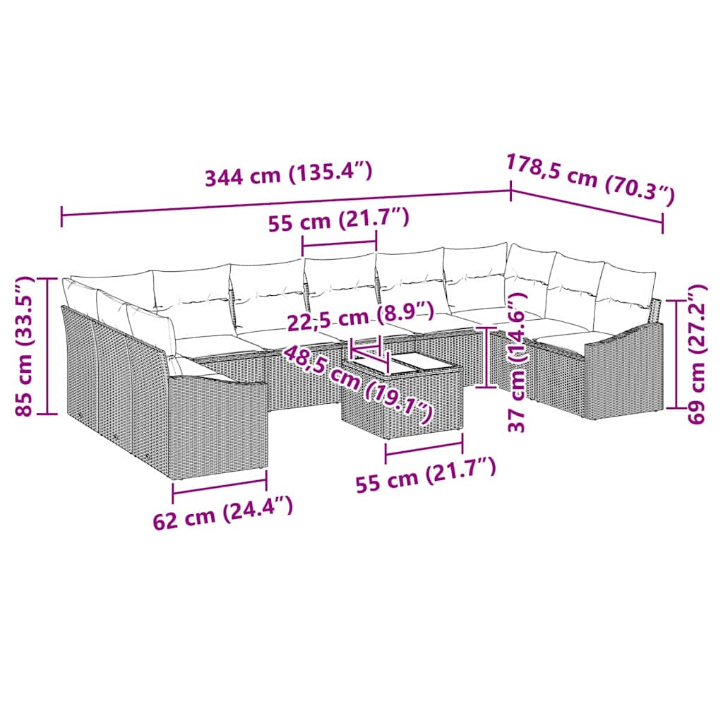 Sofa Sæt 11 stk. Brun polyrattan