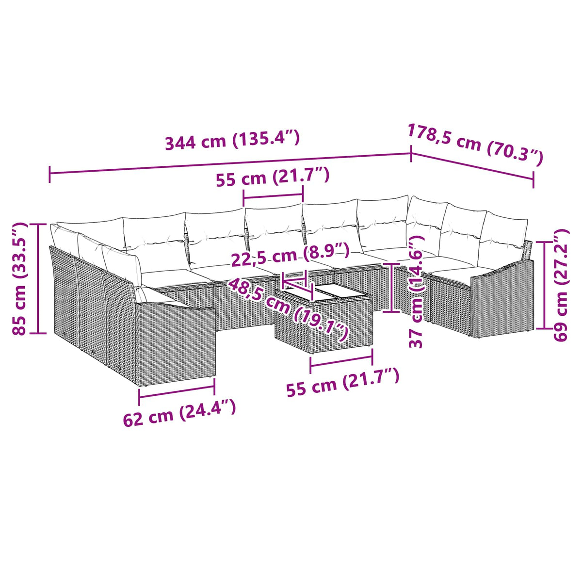 Sofa Sæt 11 stk. Sort polyrattan