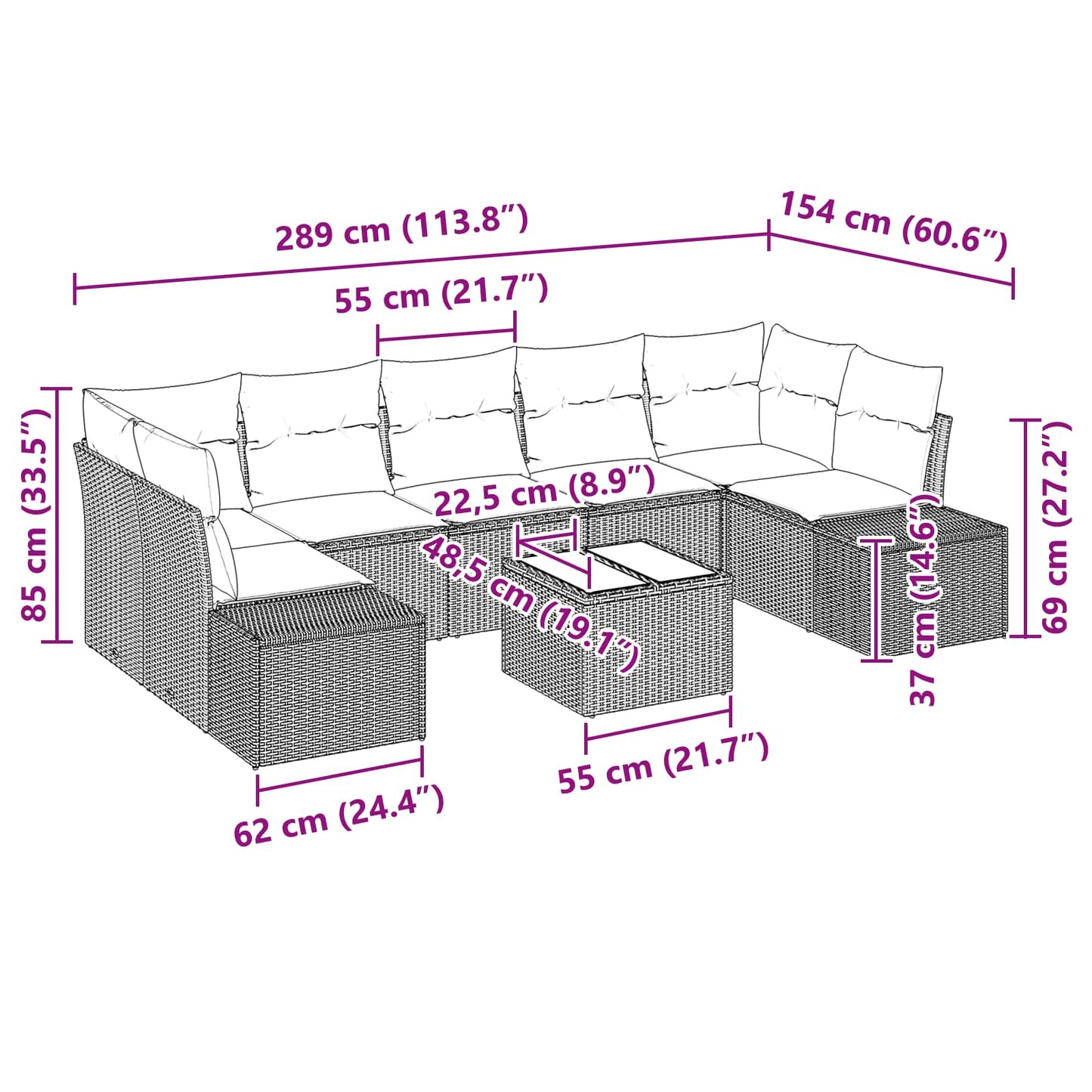 Havesofa Sæt 8 stk. Brun polyrattan