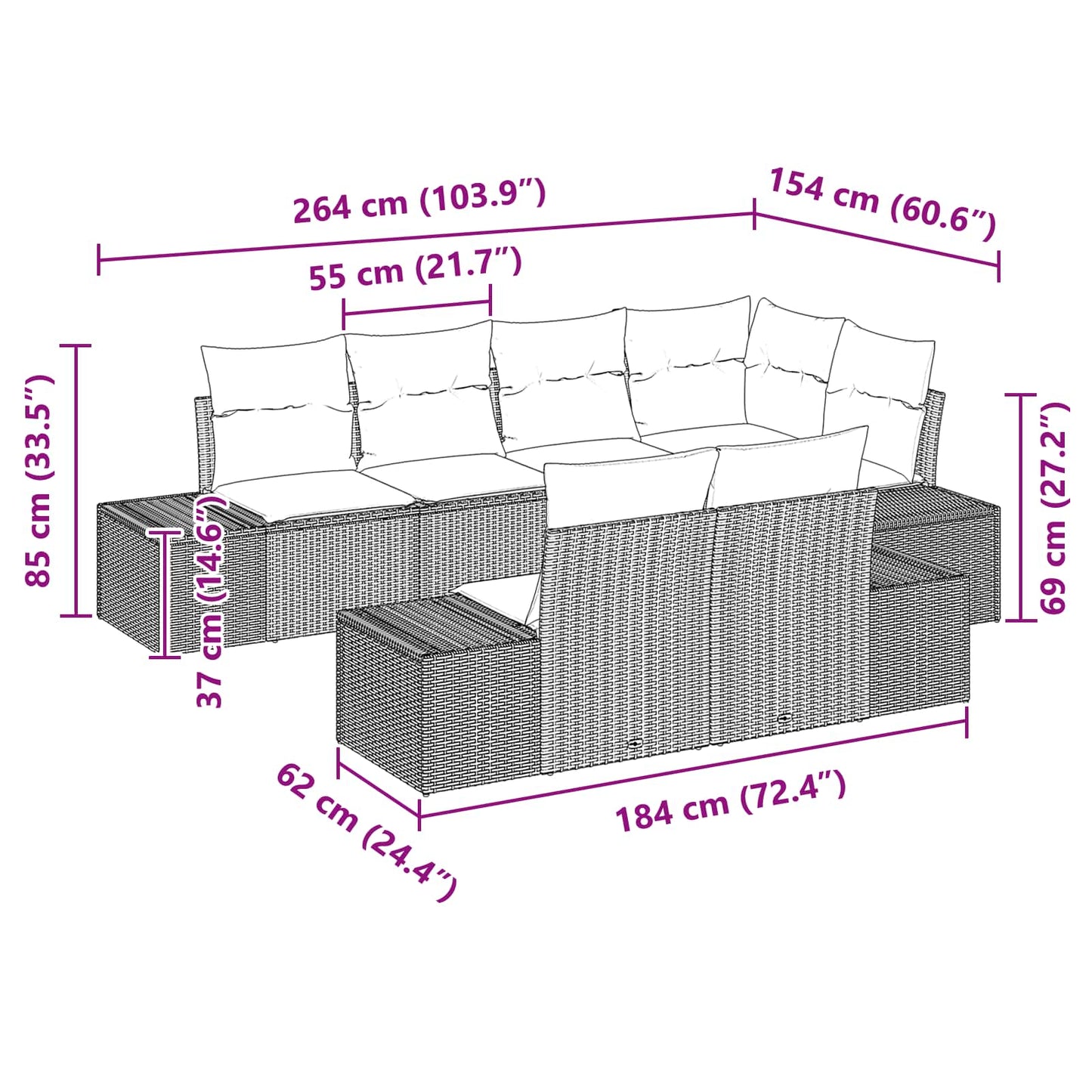 Havesofa Sæt 7 stk. Sort polyrattan