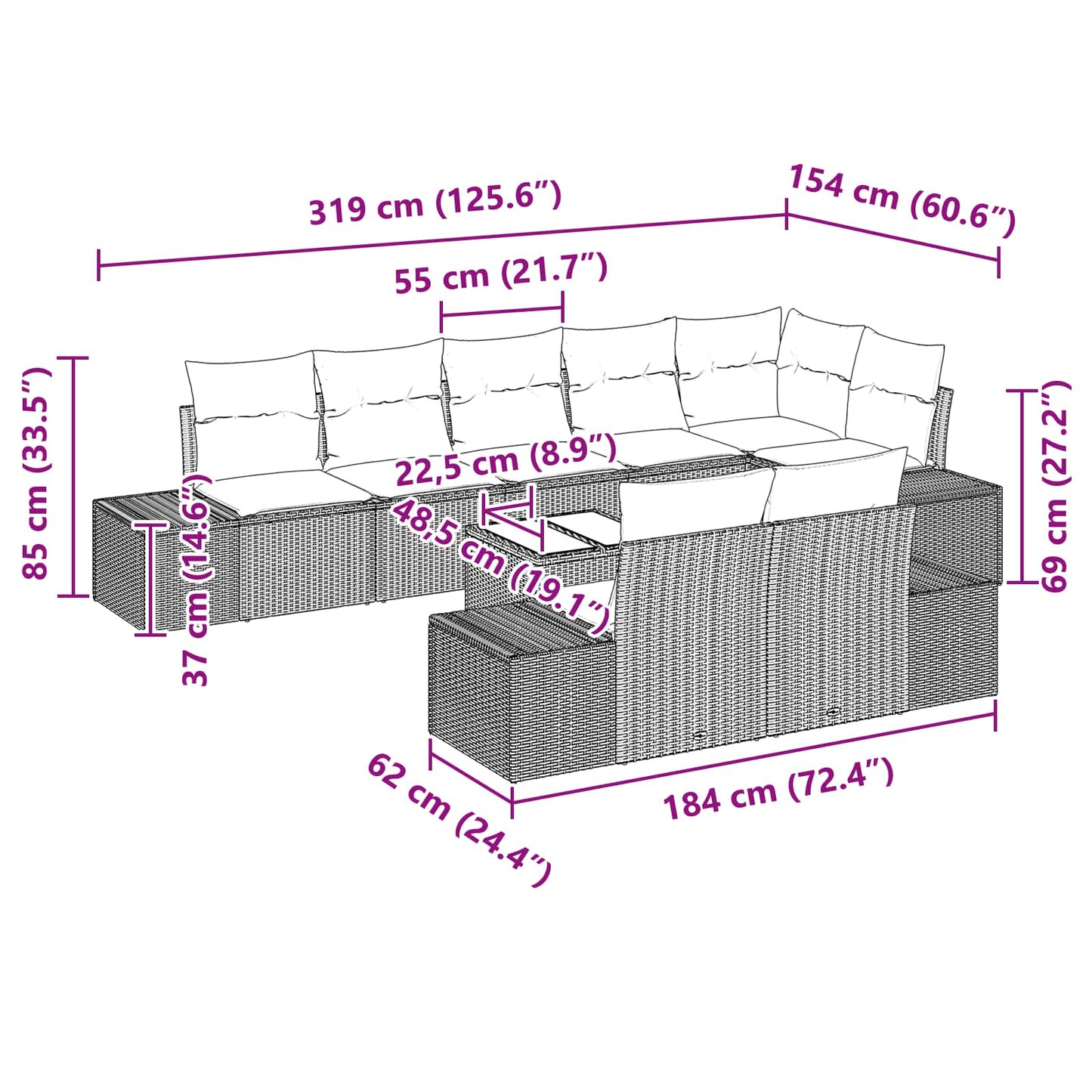Havesofa Sæt 9 stk. Sort polyrattan