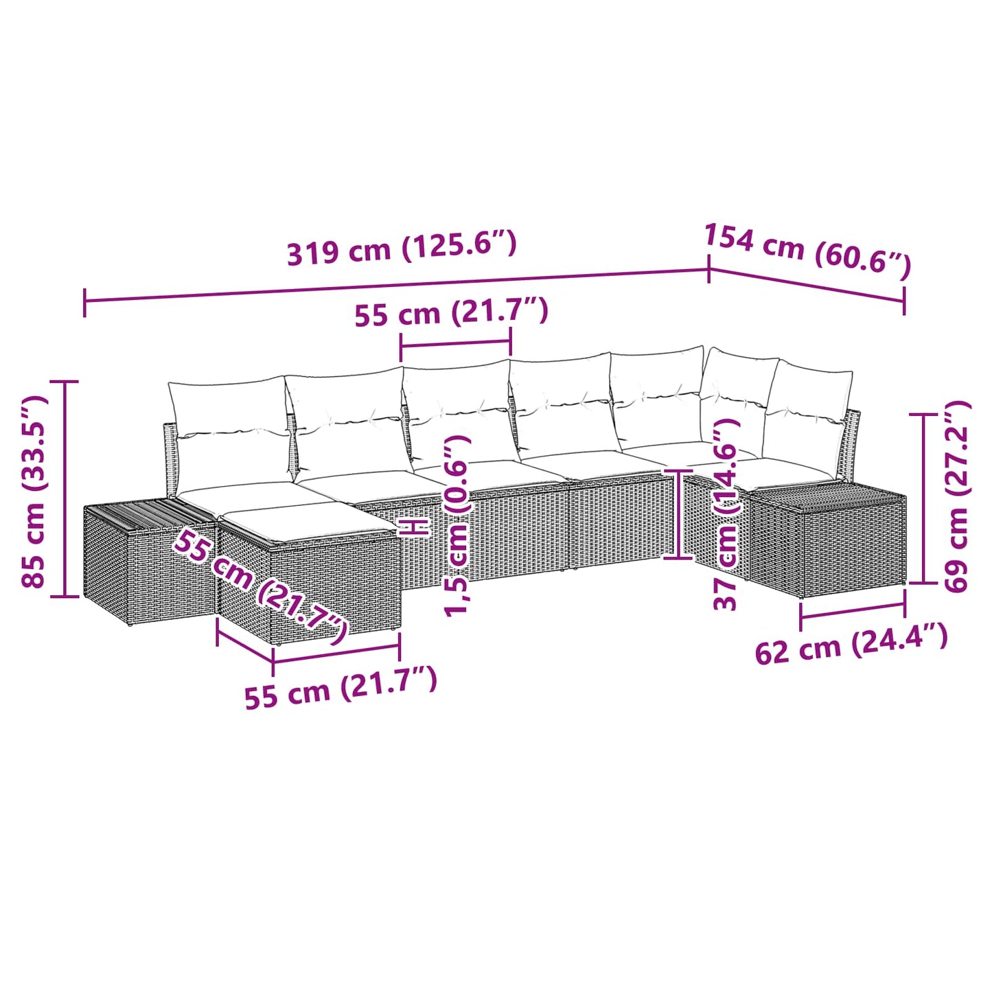 Havesofa Sæt 7 stk. Brun polyrattan