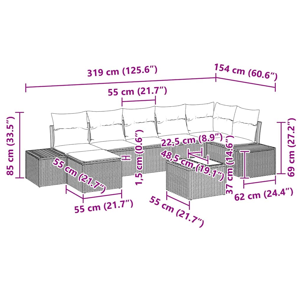 Havesofa Sæt 8 stk. Sort polyrattan
