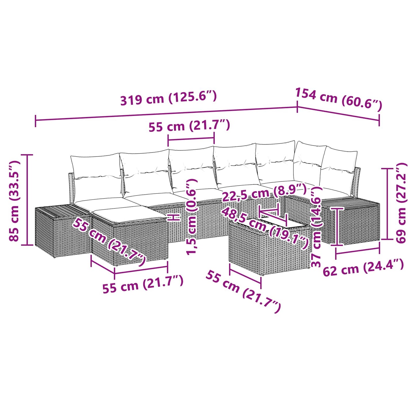 Havesofa Sæt 8 stk. Brun polyrattan