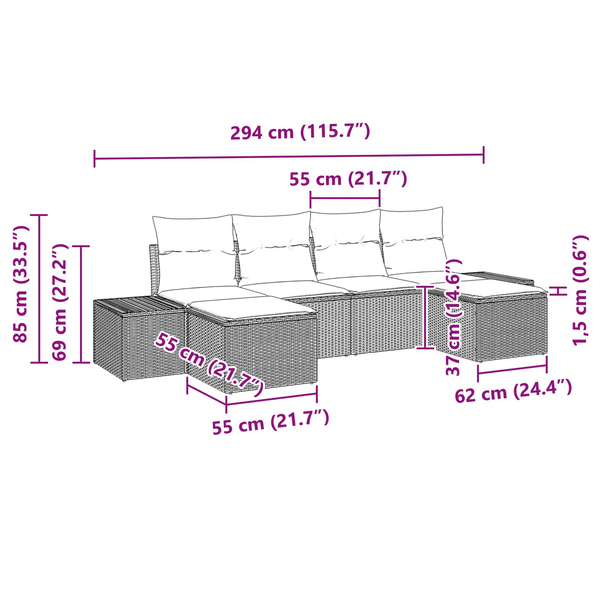 Havesofa Sæt 6 stk. Brun polyrattan