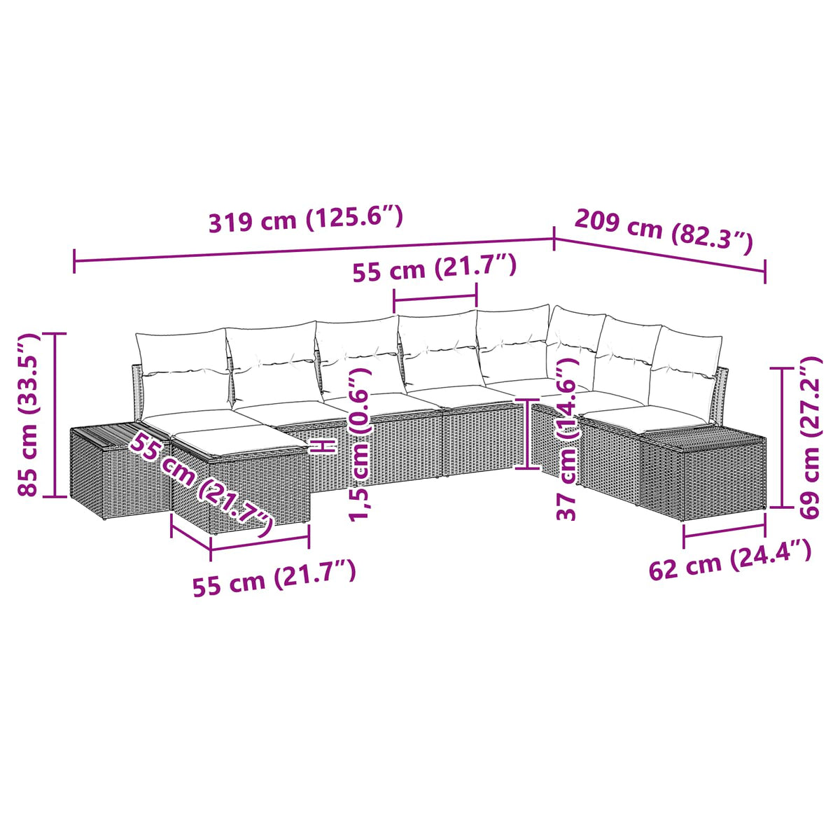 Havesofa Sæt 8 stk. Brun polyrattan