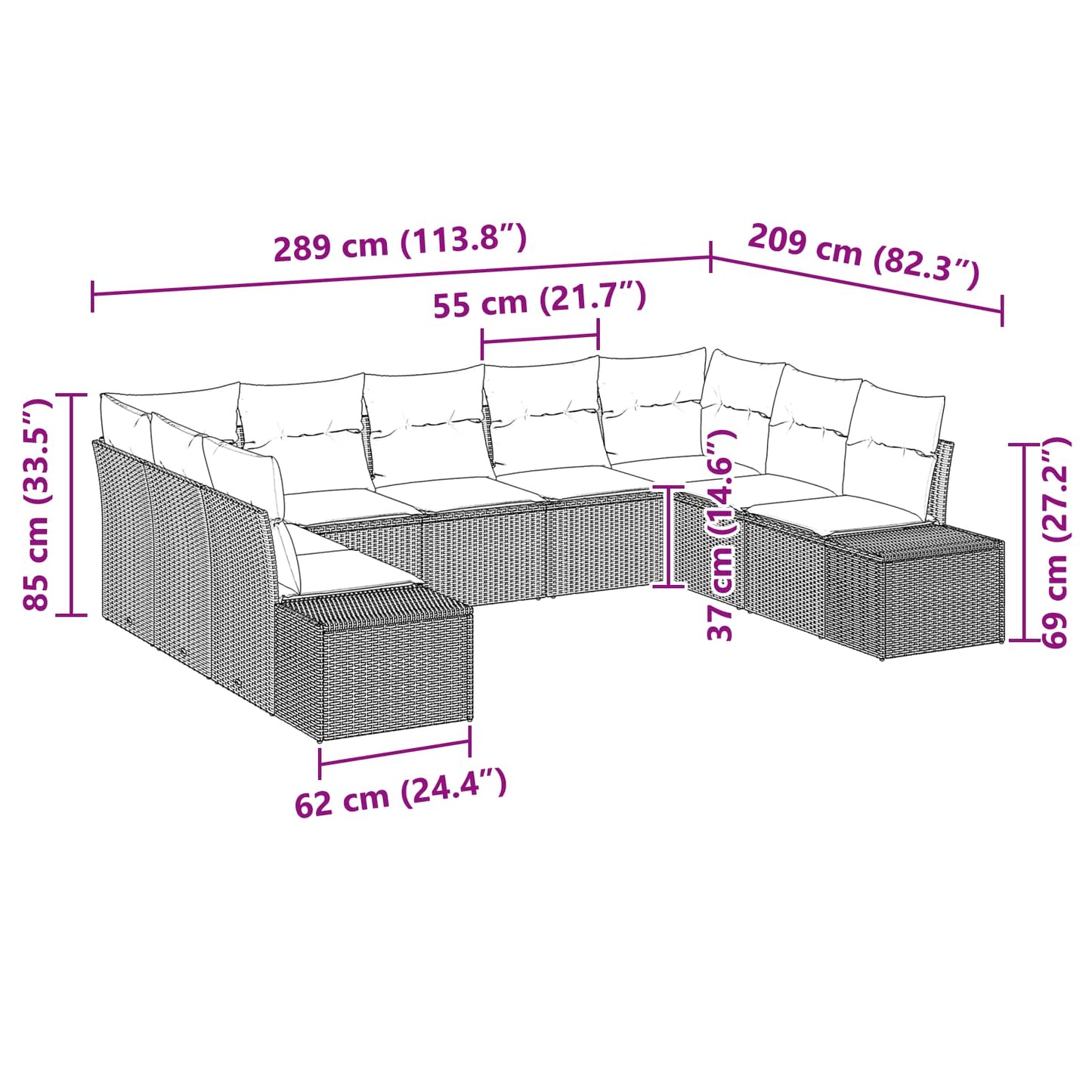 Havesofa Sæt 9 stk. Brun polyrattan