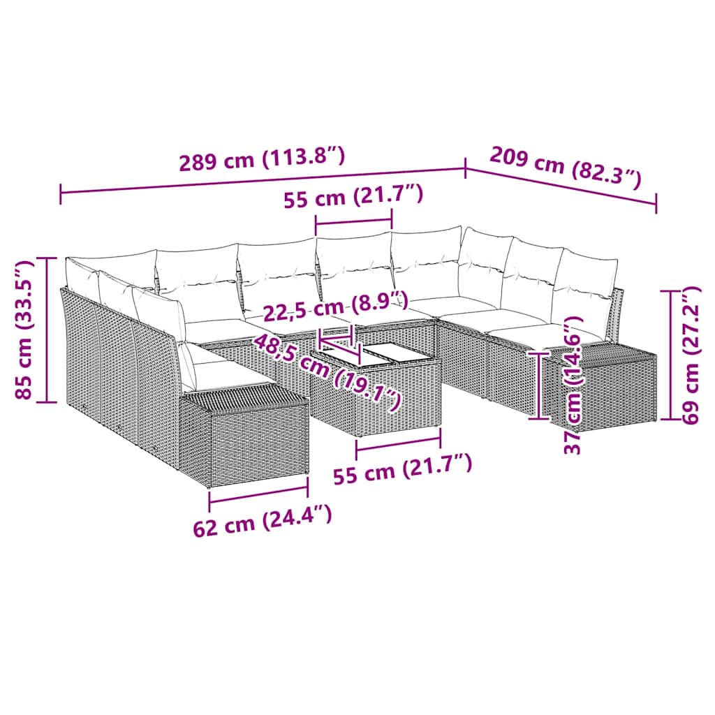 Havesofa Sæt 10 stk. Sort polyrattan