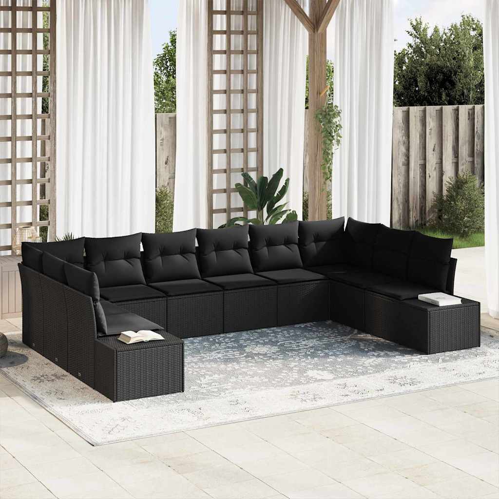 Havesofa Sæt 10 stk. Sort polyrattan