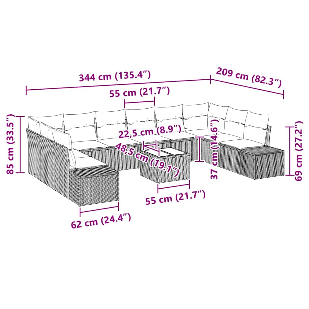 Havesofa Sæt 11 stk. Grå polyrattan