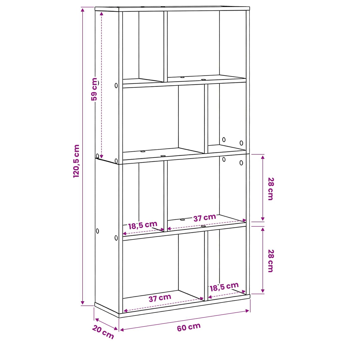 Bogskab 8 niveauer 60 x 20 x 120,5 cm Konstrueret træ Sort eg