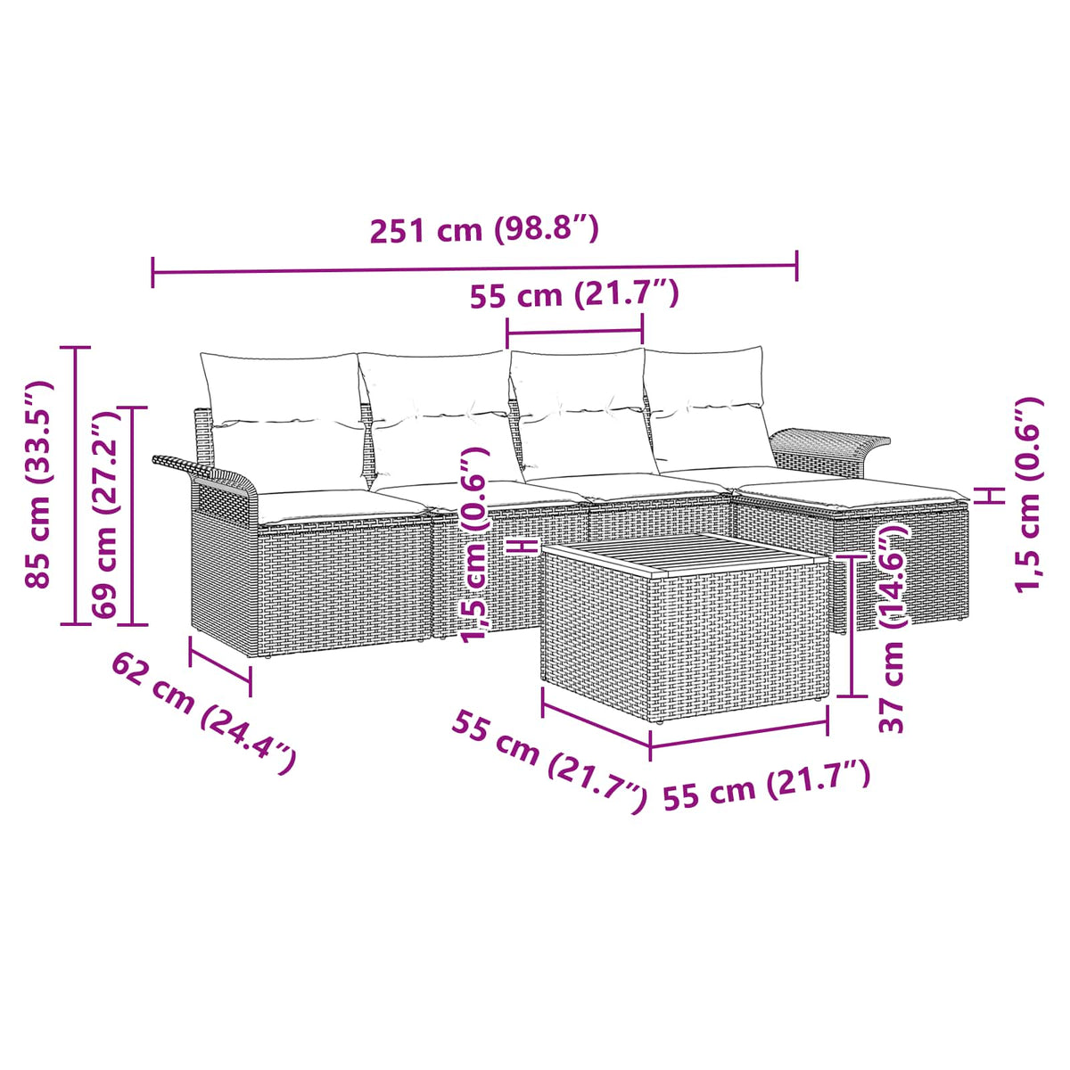 Havesofa Sæt 6 stk. Grå polyrattan