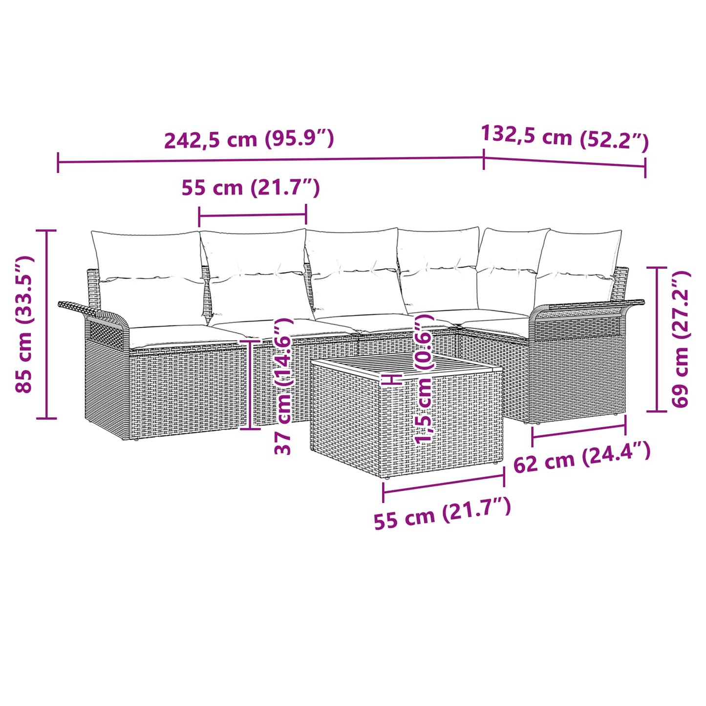 Havesofa Sæt 6 stk. Grå polyrattan