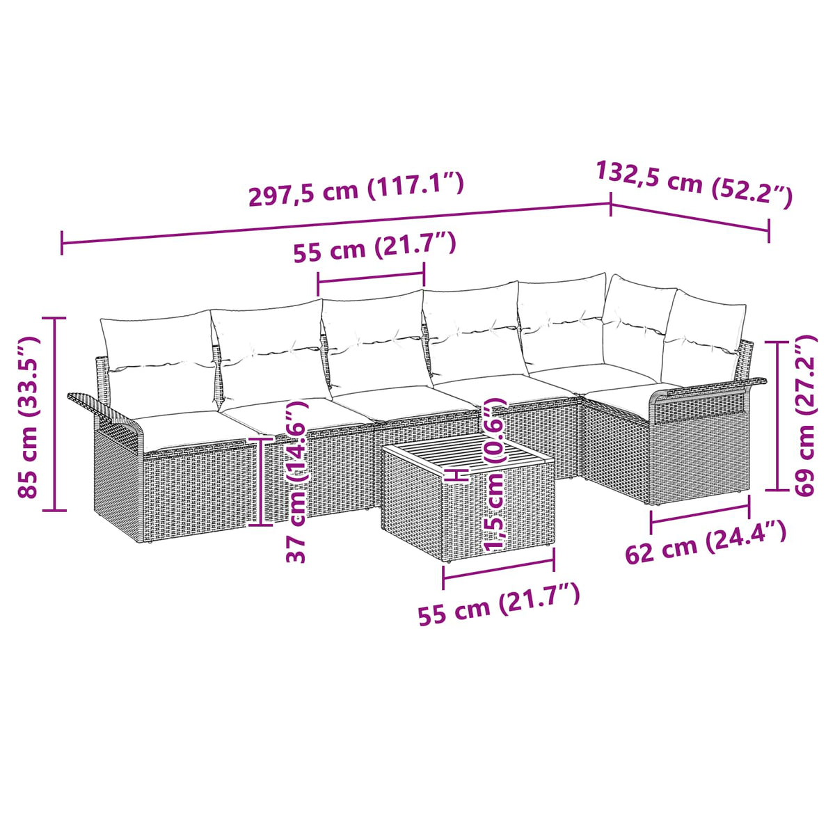 Havesofa Sæt 7 stk. Grå polyrattan