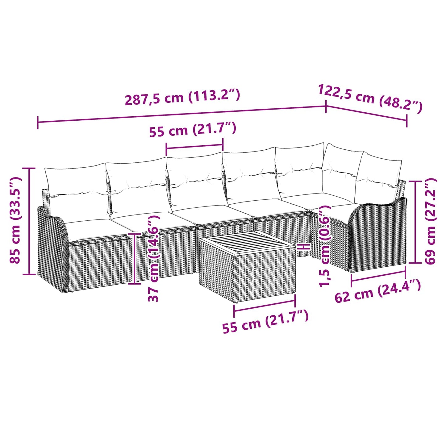 Havesofa Sæt 7 stk. Grå polyrattan