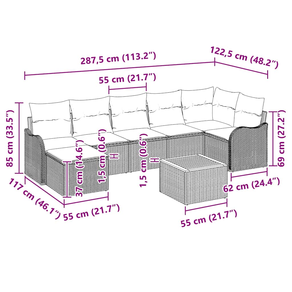 Havesofa Sæt 8 stk. Sort polyrattan