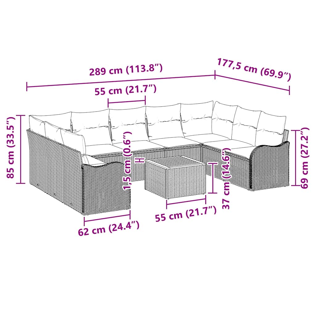 Havesofa Sæt 10 stk. Sort polyrattan