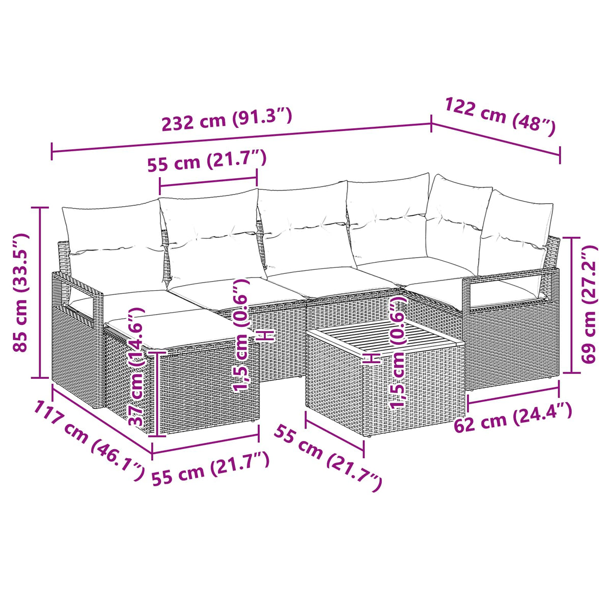 Havesofa Sæt 7 stk. Sort polyrattan