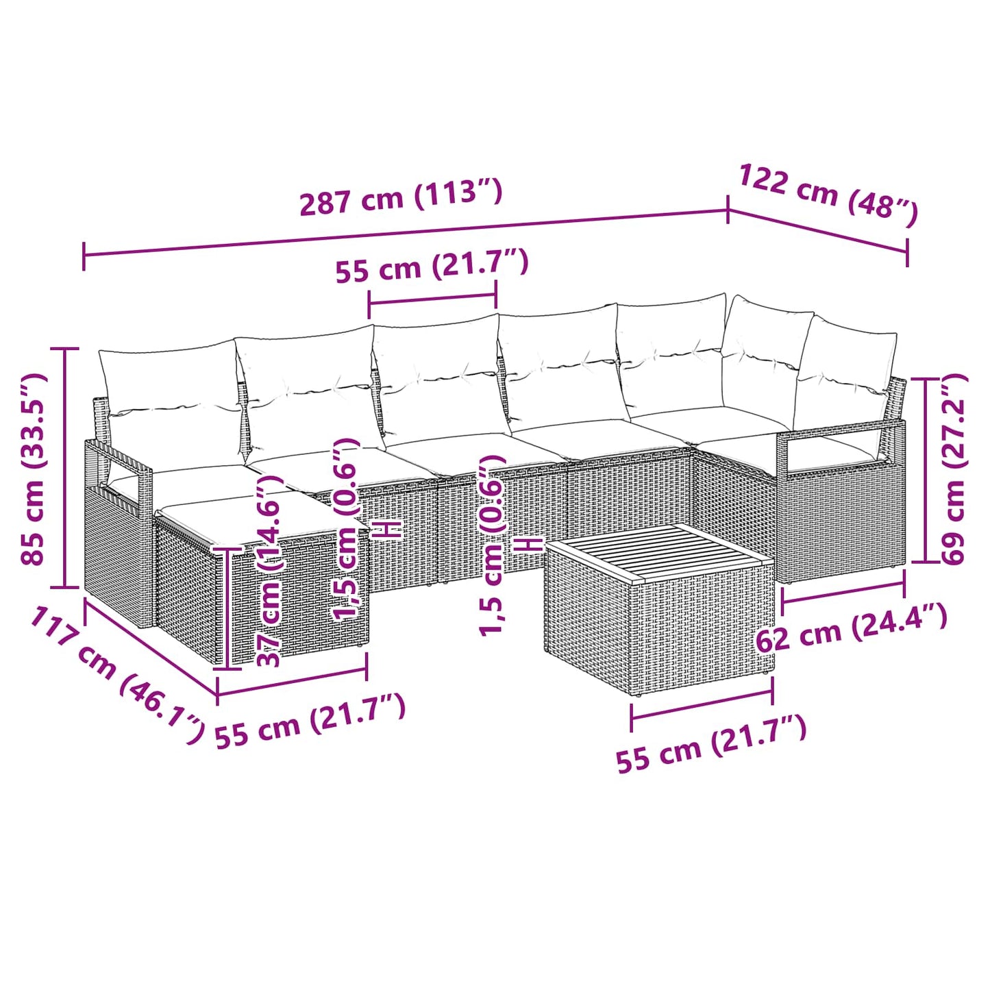 Havesofa Sæt 8 stk. Sort polyrattan