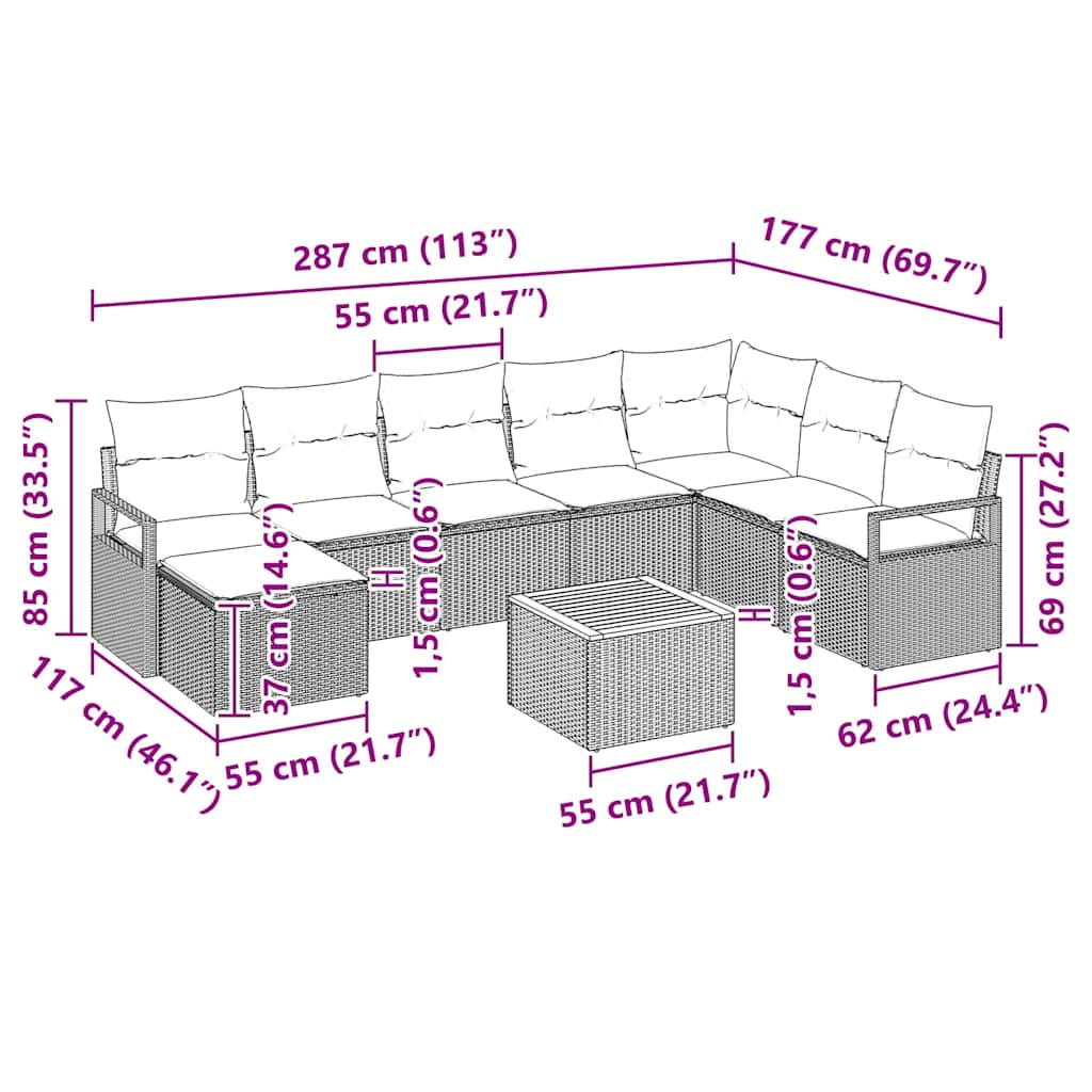 Havesofa Sæt 9 stk. Beige polyrattan