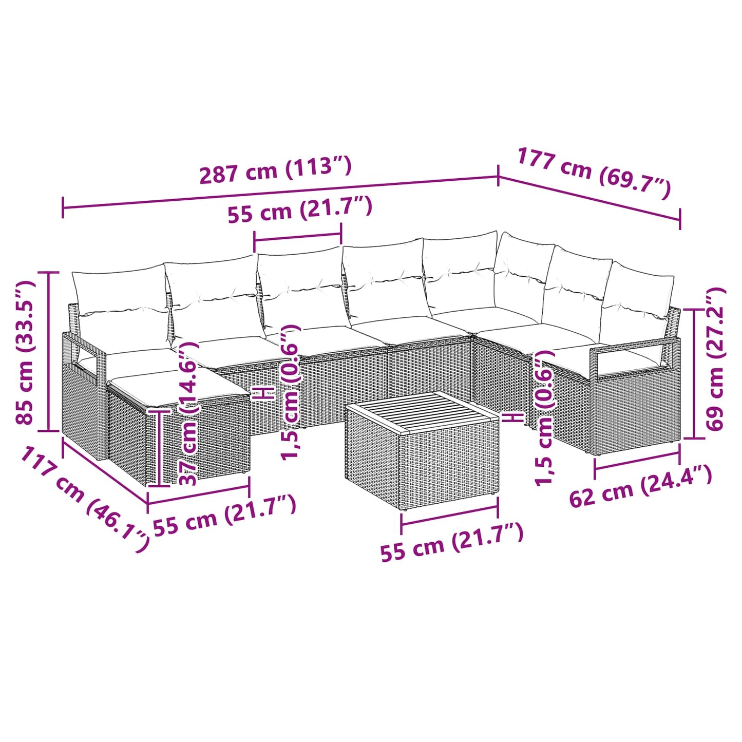 Havesofa Sæt 9 stk. Sort polyrattan