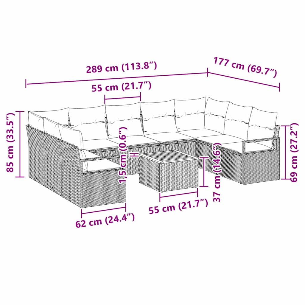 Havesofa Sæt 10 stk. Sort polyrattan