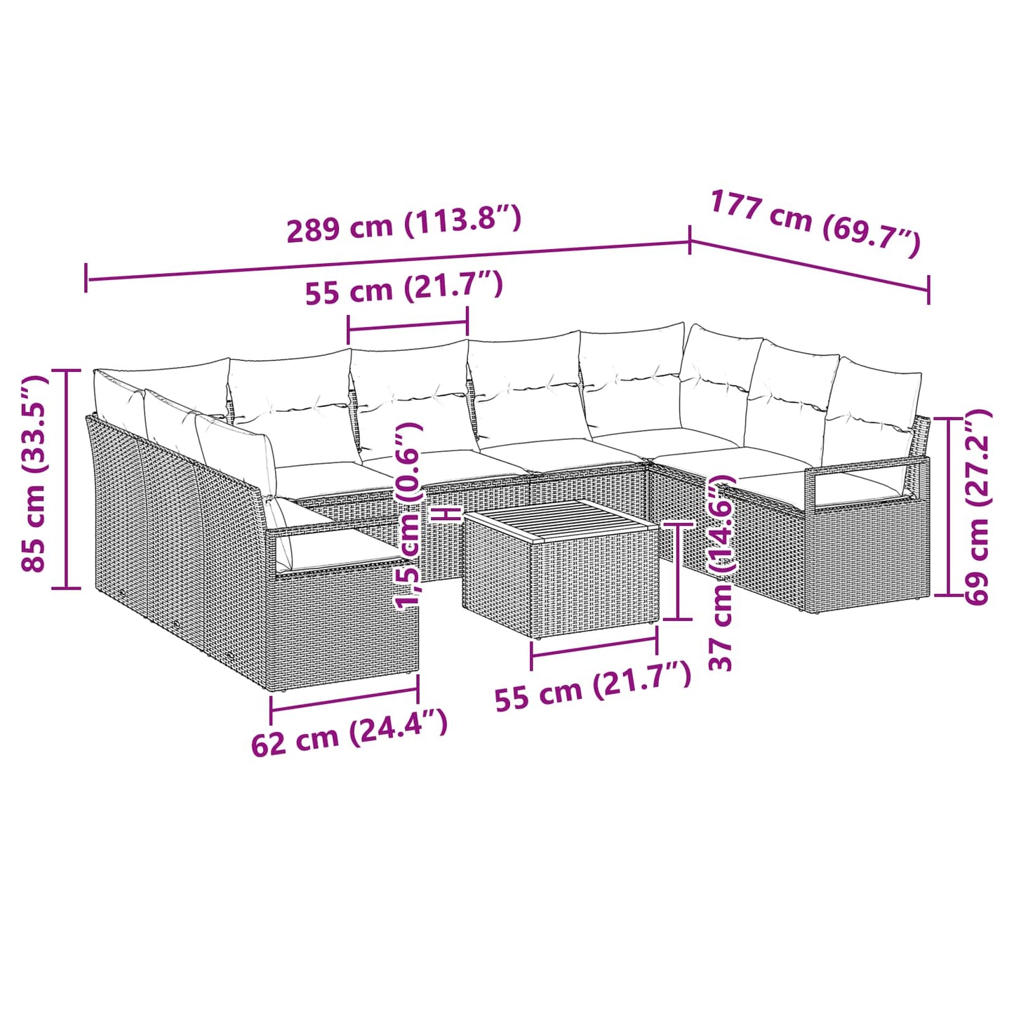 Havesofa Sæt 10 stk. Sort polyrattan