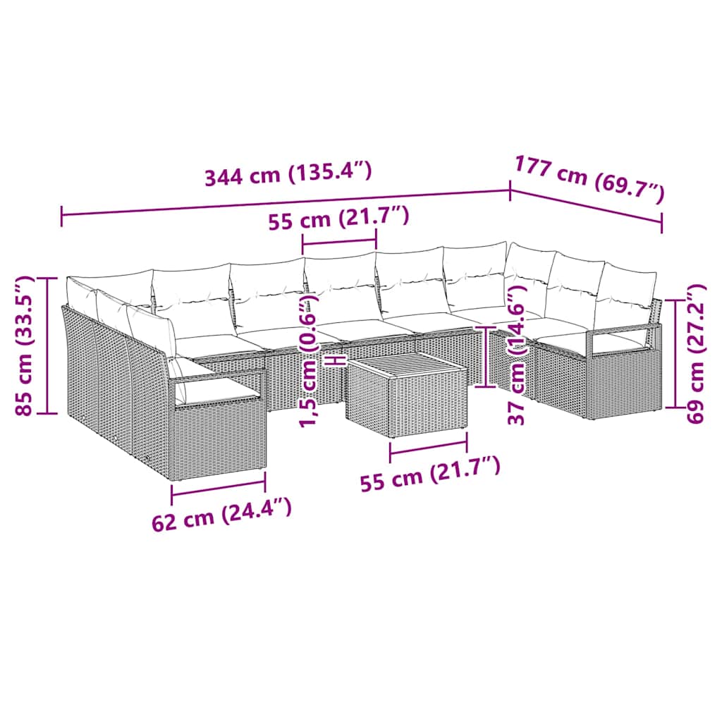 Havesofa Sæt 11 stk. Sort polyrattan