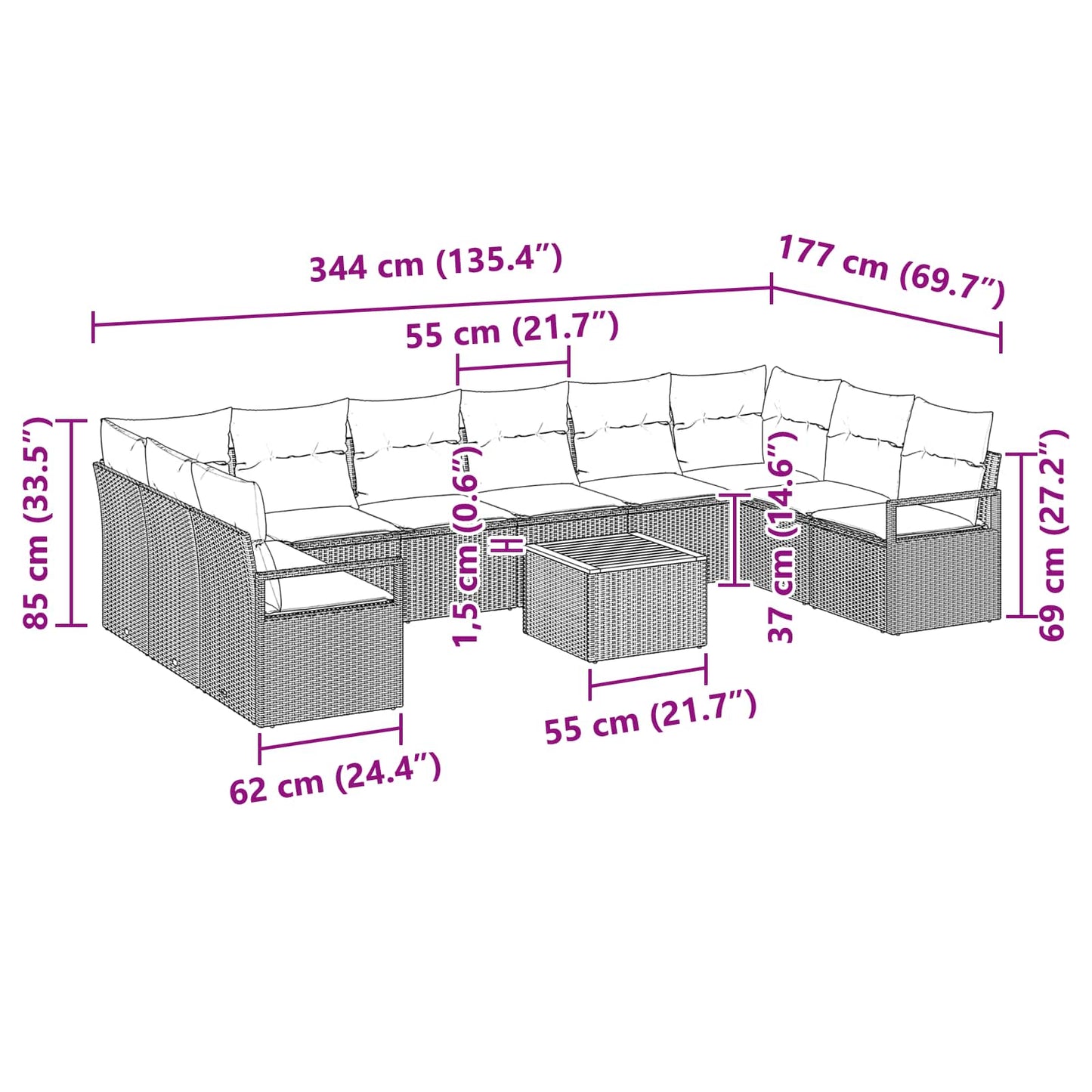 Havesofa Sæt 11 stk. Grå polyrattan