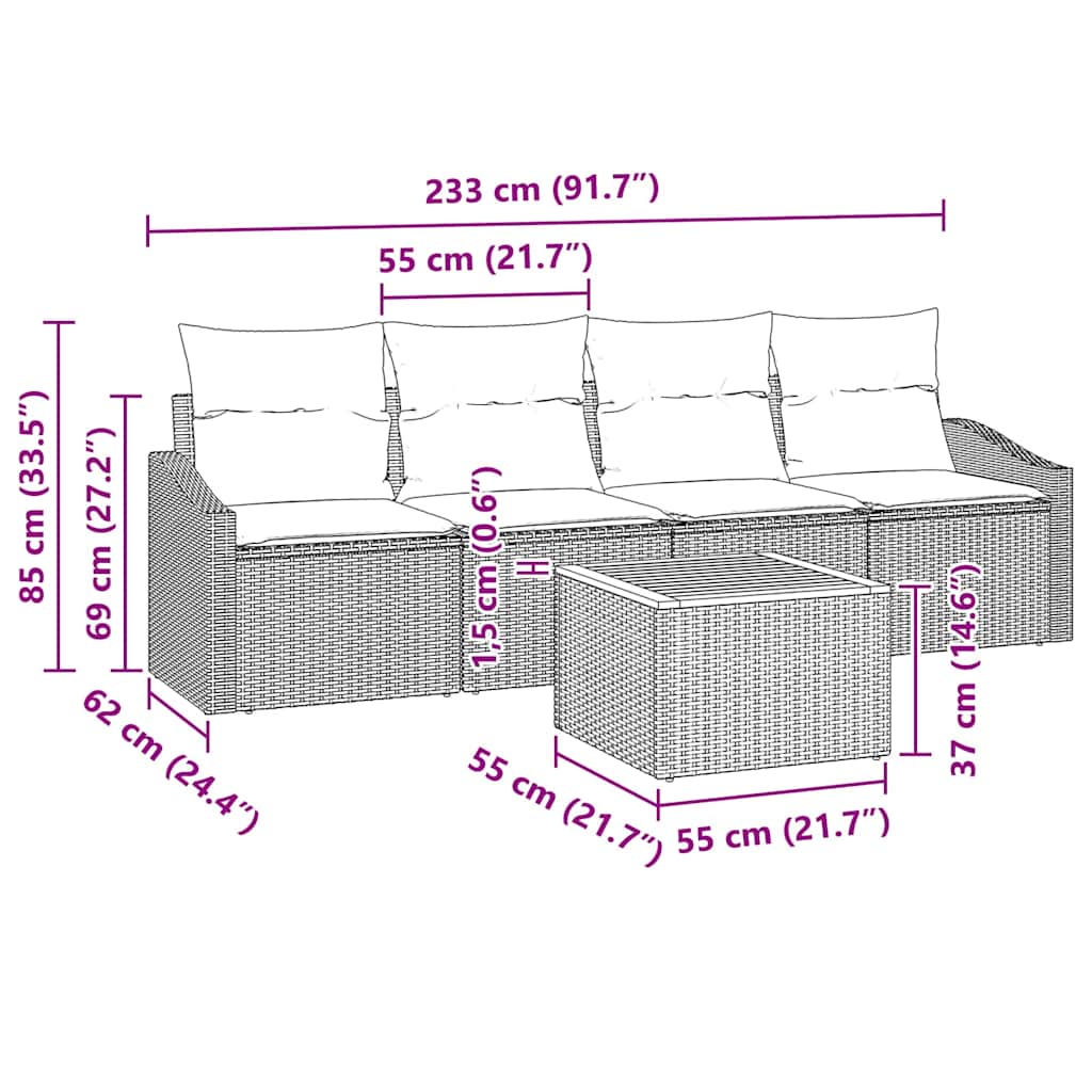 Havesofa Sæt 5 stk. Sort polyrattan