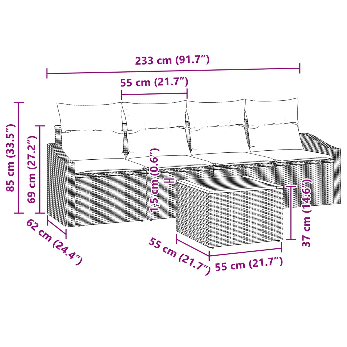 Havesofa Sæt 5 stk. Sort polyrattan