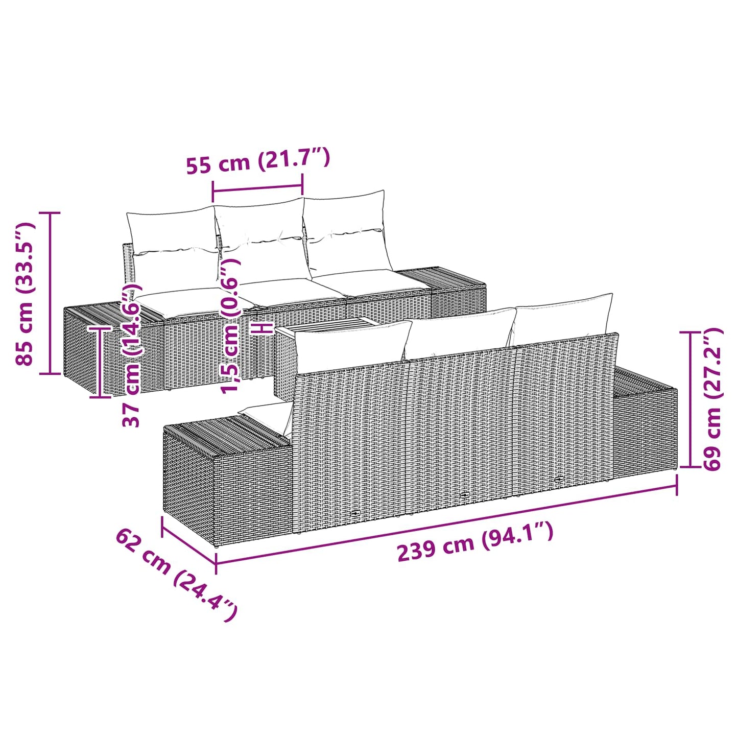 Havesofa Sæt 7 stk. Sort polyrattan
