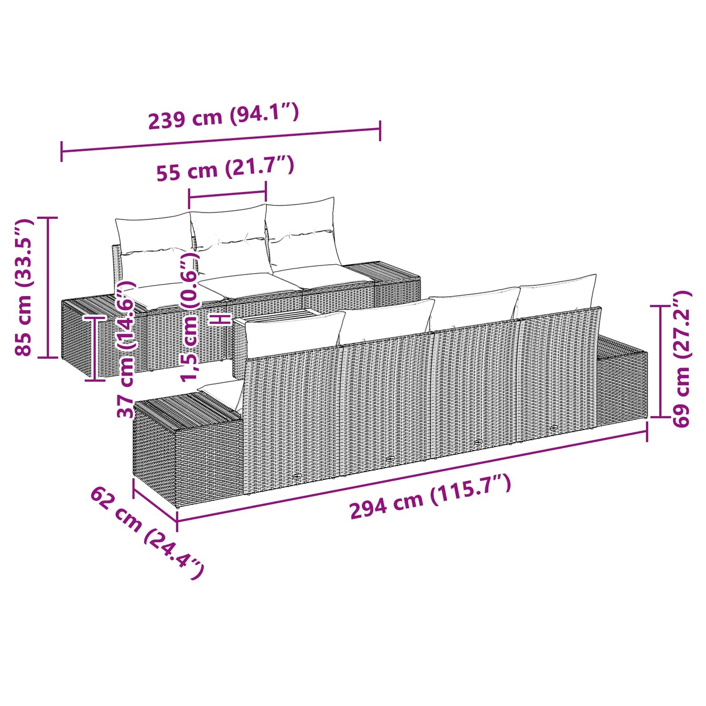 Havesofa Sæt 8 stk. Sort polyrattan