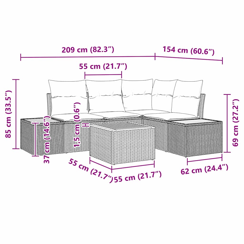 Havesofa Sæt 5 stk. Beige Poly rattan