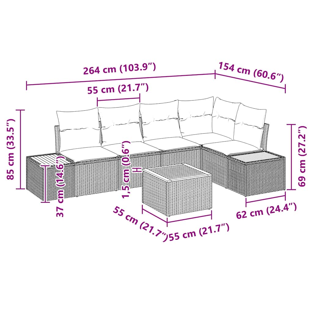 Havesofa Sæt 6 stk. Beige Poly rattan