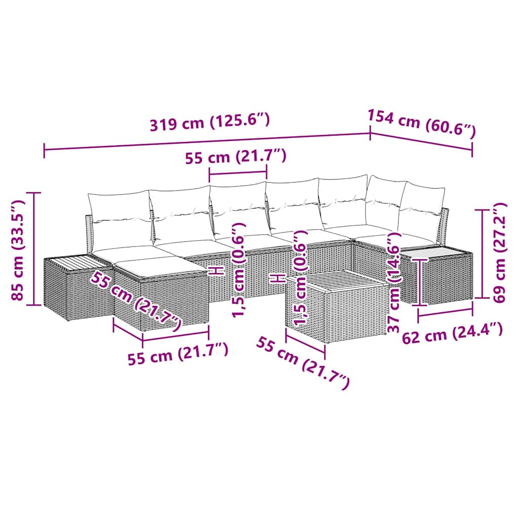 Havesofa Sæt 8 stk. Sort Poly rattan