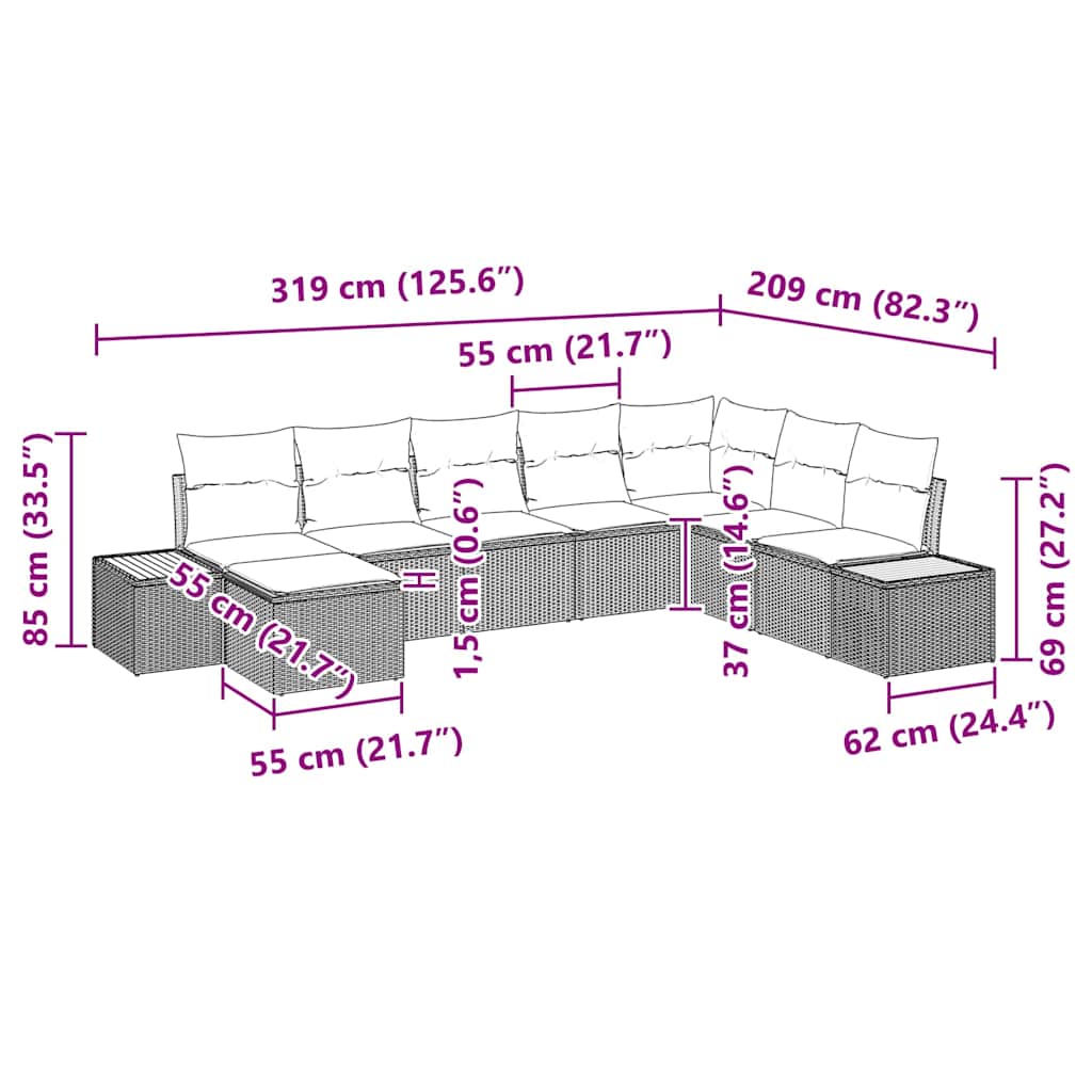 Havesofa Sæt 8 stk. Beige Poly rattan