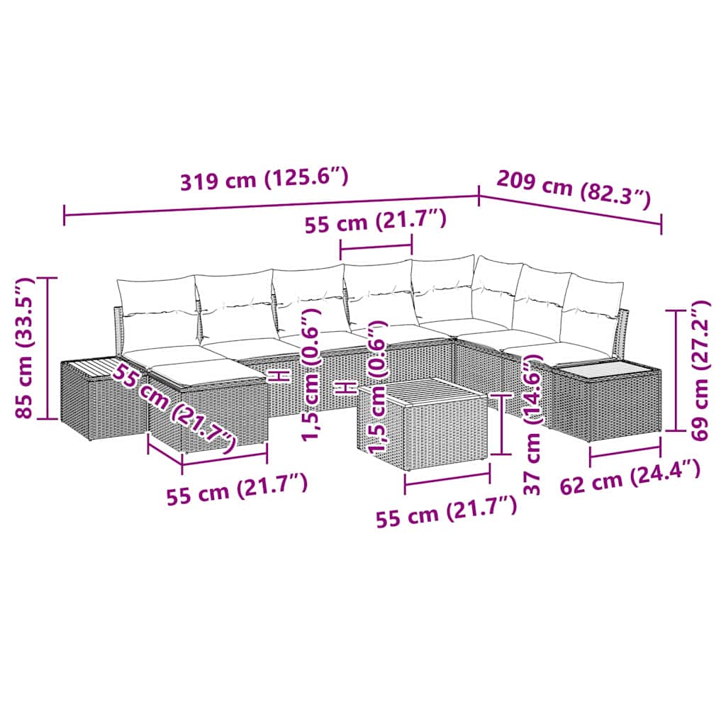 Havesofa Sæt 9 stk. Beige Poly rattan