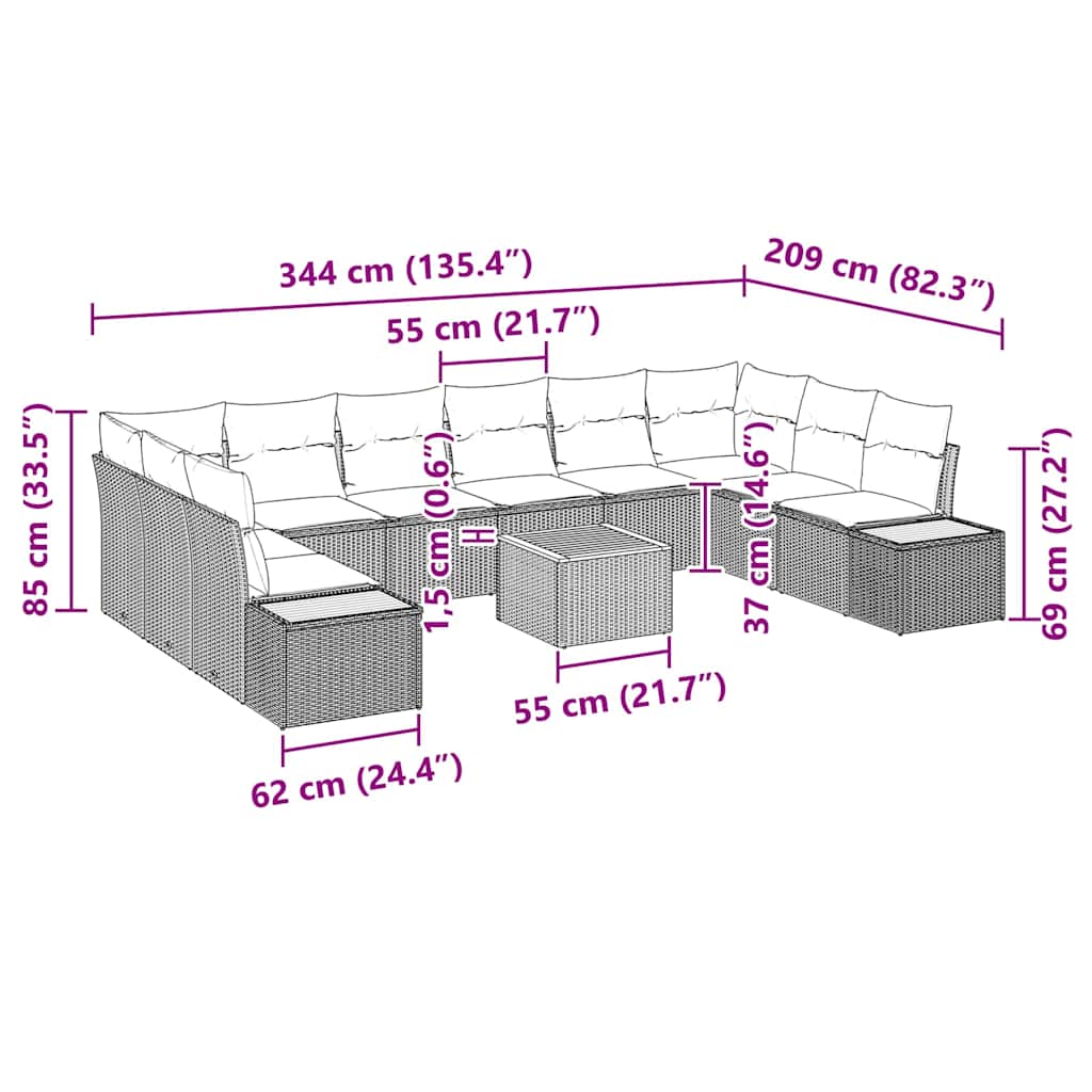 Havesofa Sæt 11 stk. Beige Poly rattan