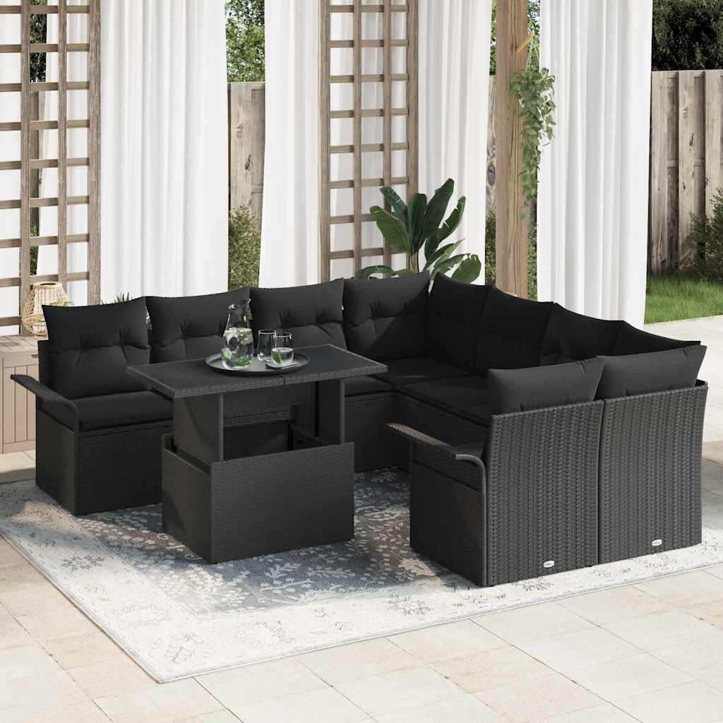 Havesofa Sæt 9 stk. Sort polyrattan