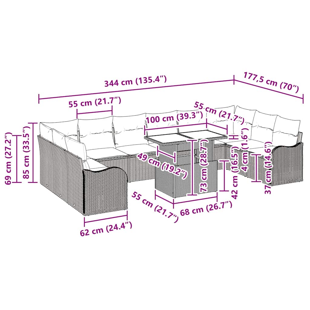 Havesofa Sæt 11 stk. Sort Poly rattan