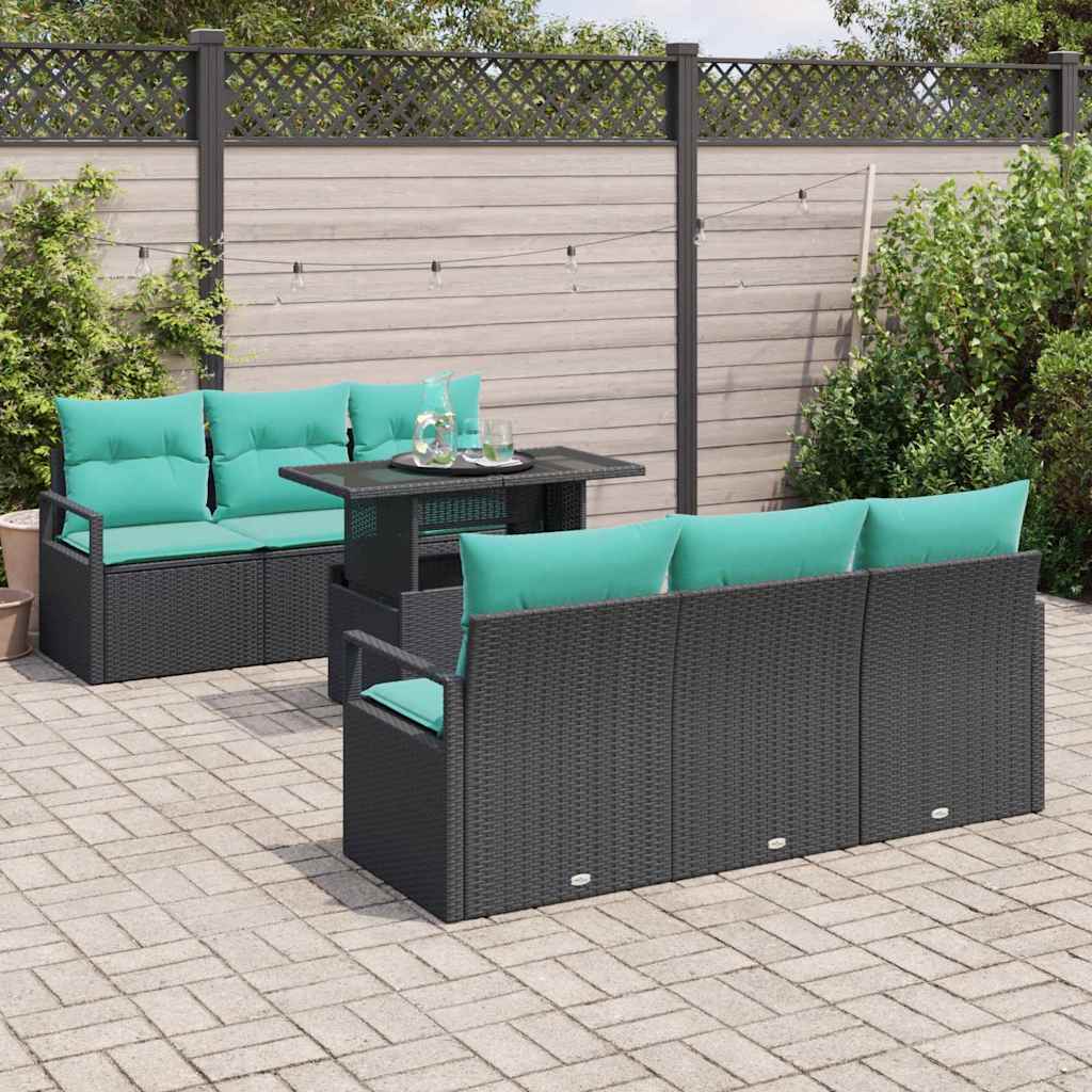 Havesofa Sæt 7 stk. 6-Antal sæder Sort og Blå polyrattan